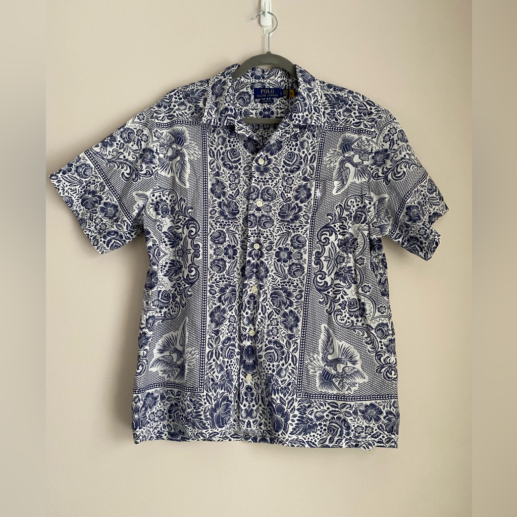 Polo Ralph Lauren Classic Fit Bandanna Cotton-Linen Shirt Blue White Size Large